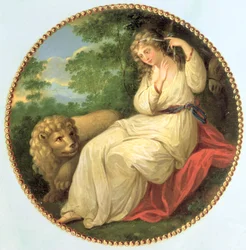 Una und der Löwe, das Design stammt von einem Stich von 1783 von Thomas Burke (1749-1815) nach Angelica Kauffman (1741-1807), eines von drei dekorativen Medaillons von einer George III Kommode, um 1790
